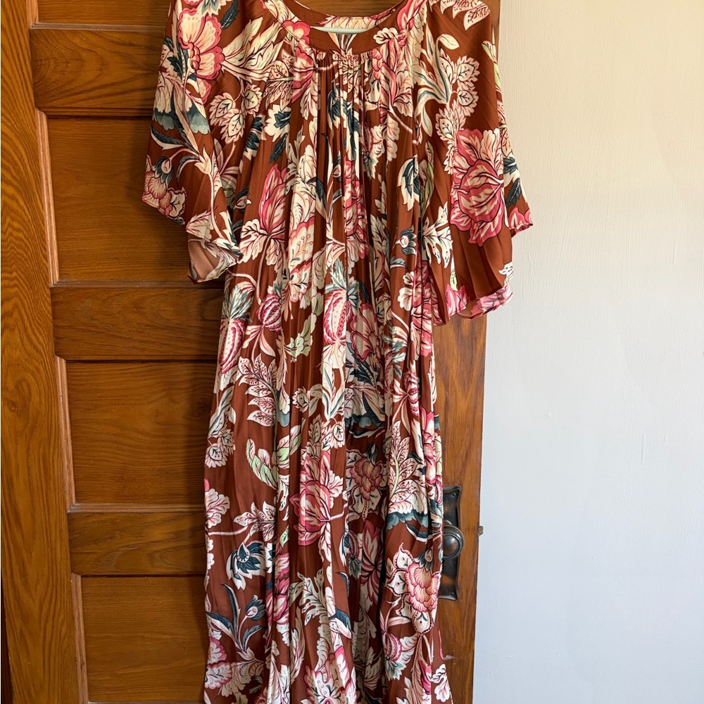 Anthropologie Brown Floral Maxi Dress with Pink & Green Accents